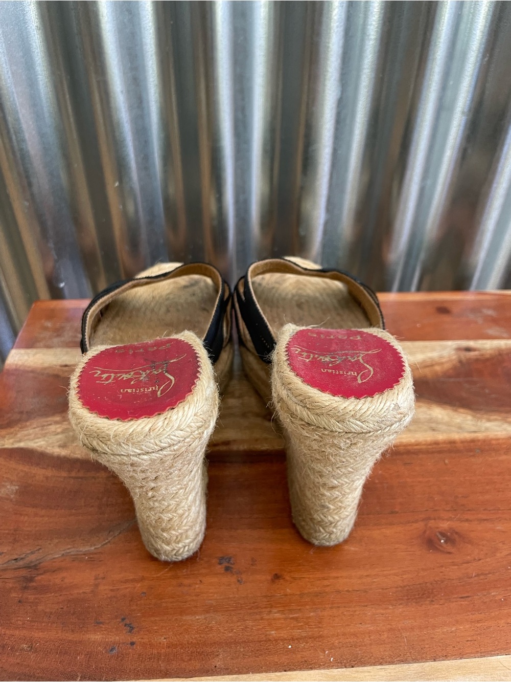 Christian Louboutin Black Espadrille Wedge Slides with Red Insoles - Picture 4 of 6